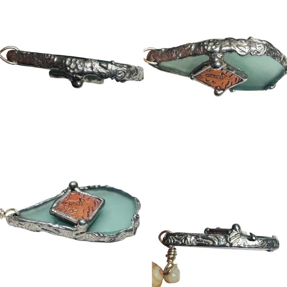 VNTG Hawaiian Heishi Puka Shell Necklace W/ Sea Glass & Copper Mermaid Pendant - Picture 6 of 16